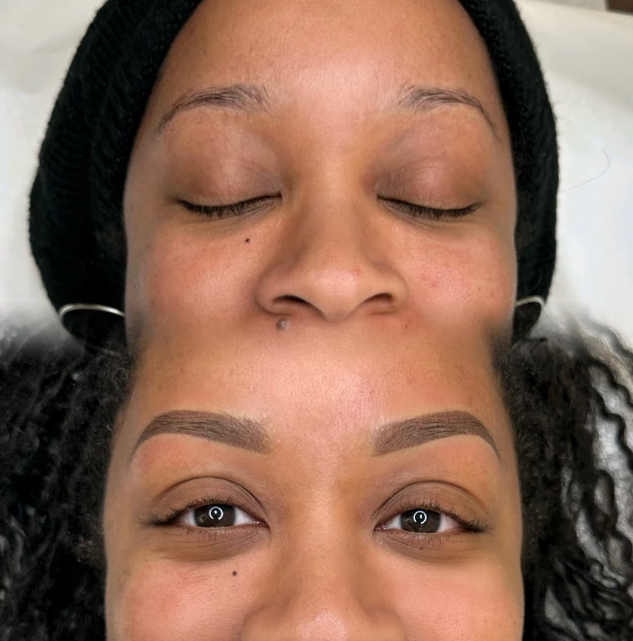 Before and after combination brows, sparse brows above and fuller shaped brows below