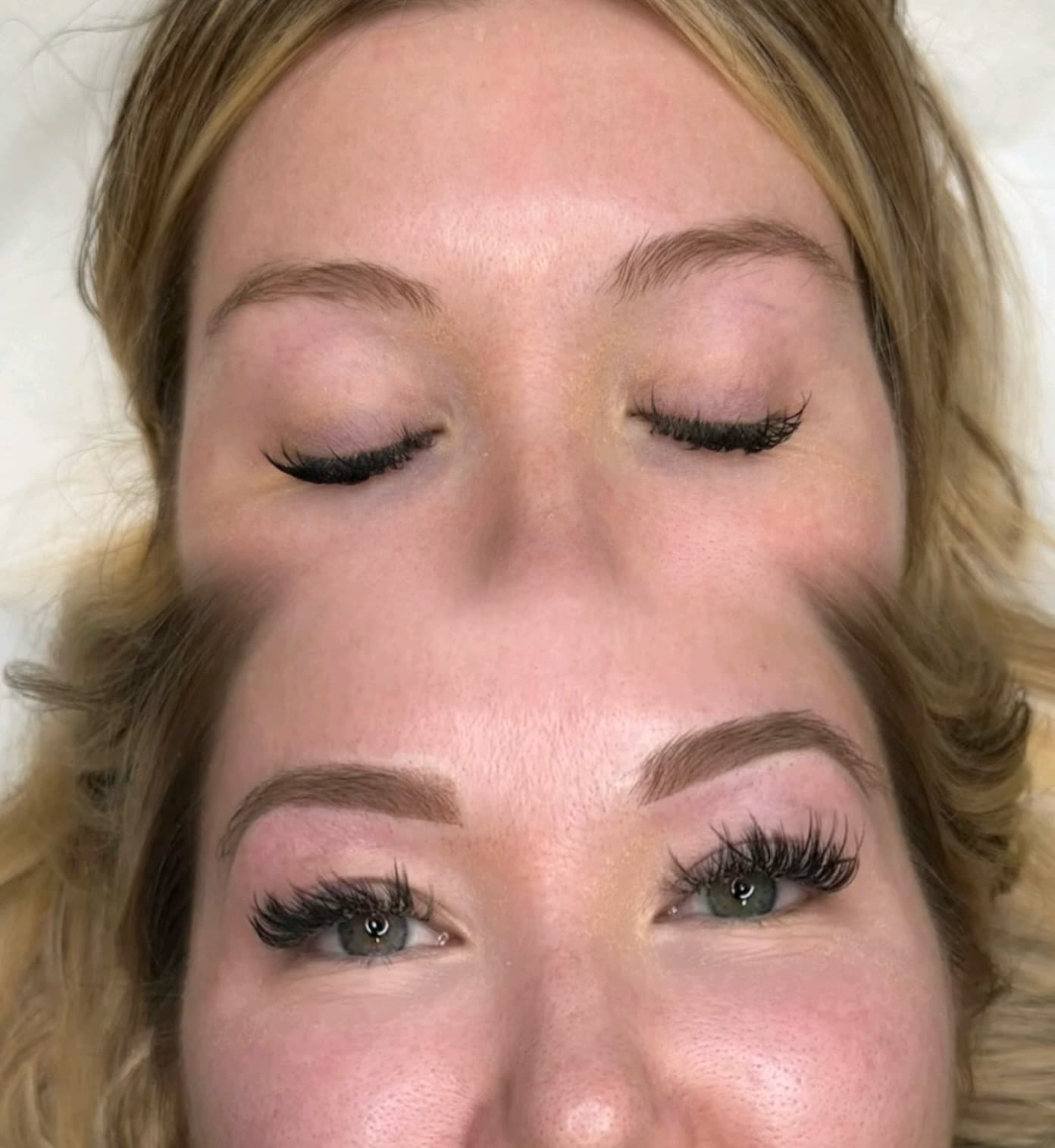 Before and after ombré brows, sparse brows above and powdered brows below
