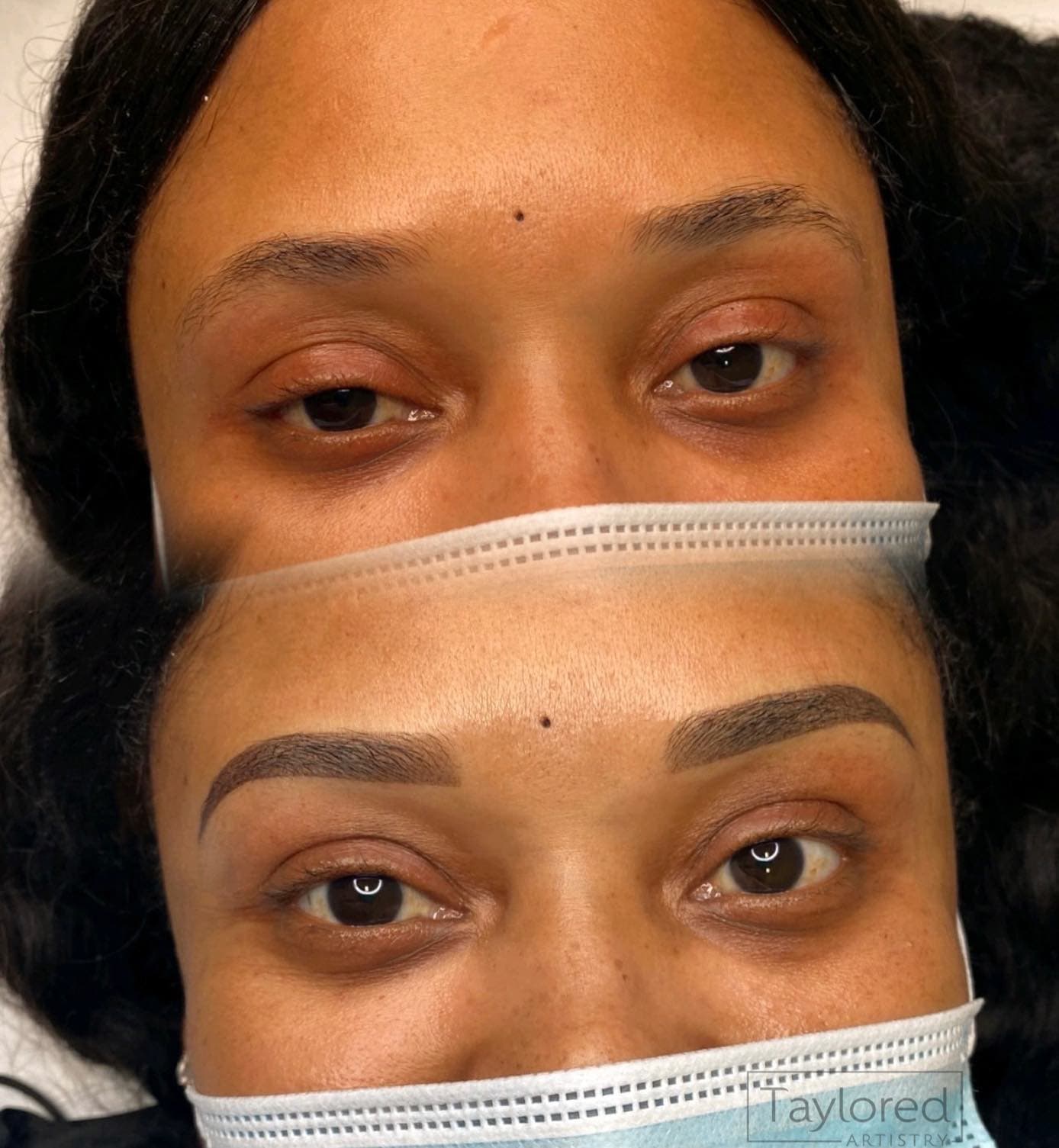 Before and after brow correction, uneven sparse brows above and a defined shape below