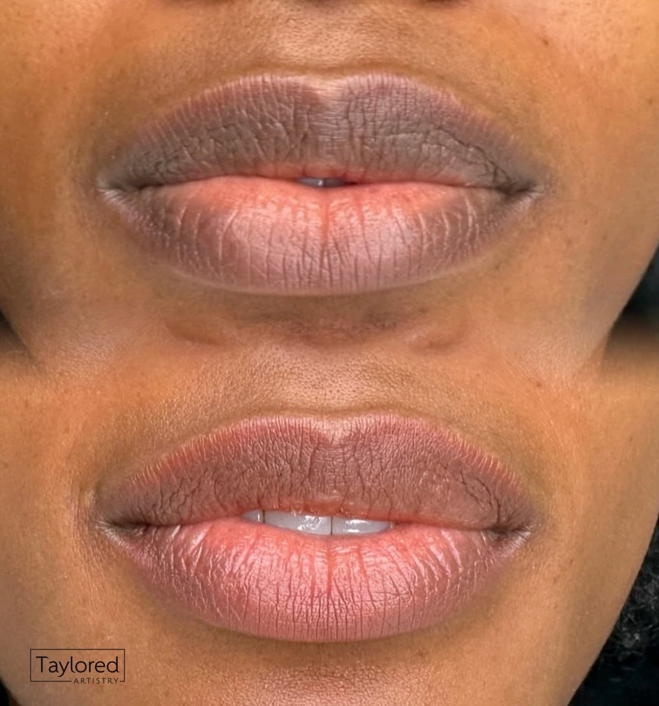 Before and after lip blush, cooler-toned lips above and warmer pink lips below