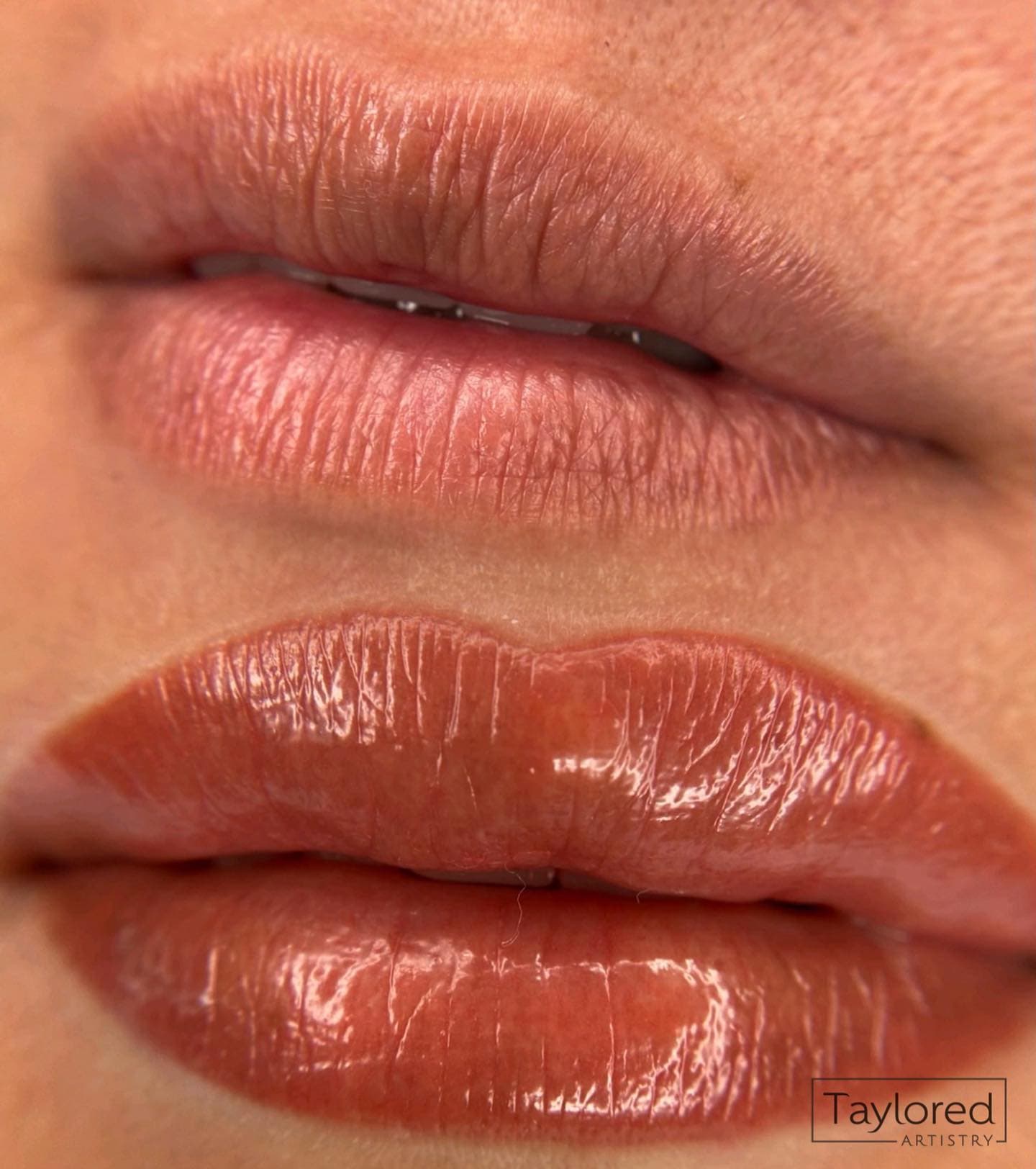 Before and after lip blush, pale lips above and coral lips below