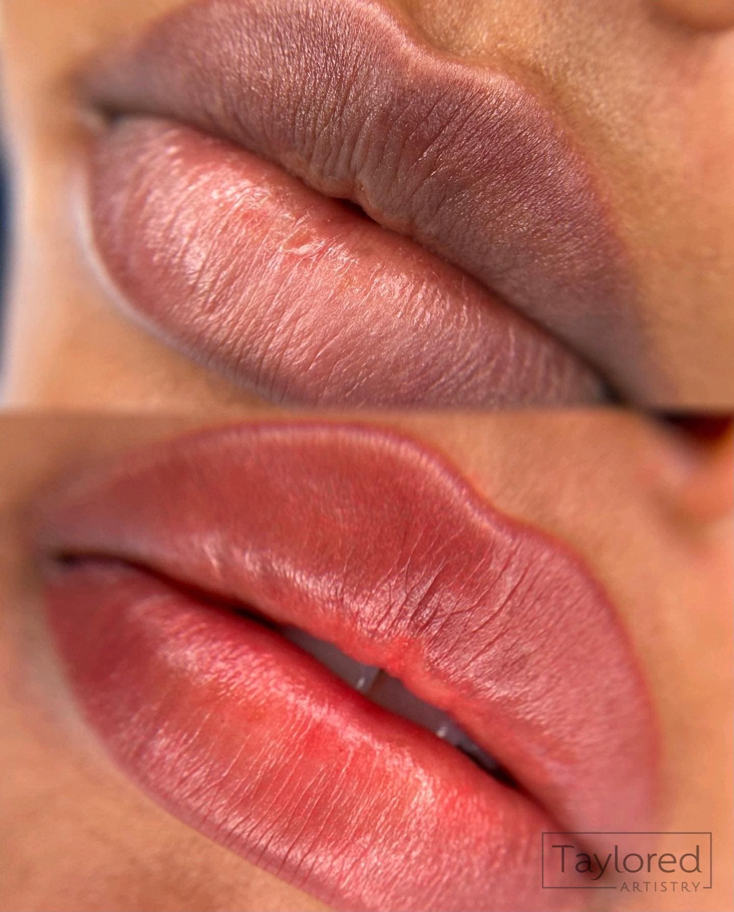 Before and after lip blush, muted mauve lips above and brighter pink lips below